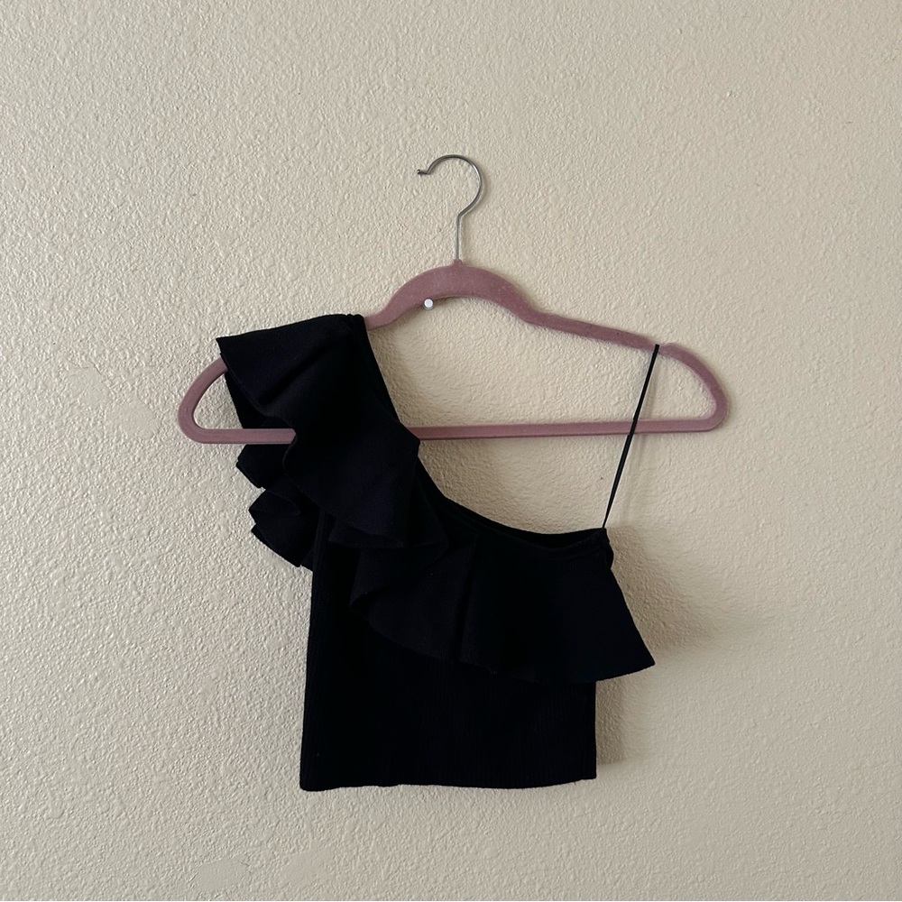 NWT EXPRESS Ruffle One Shoulder Ribbed Sweater Tank - Black - XS